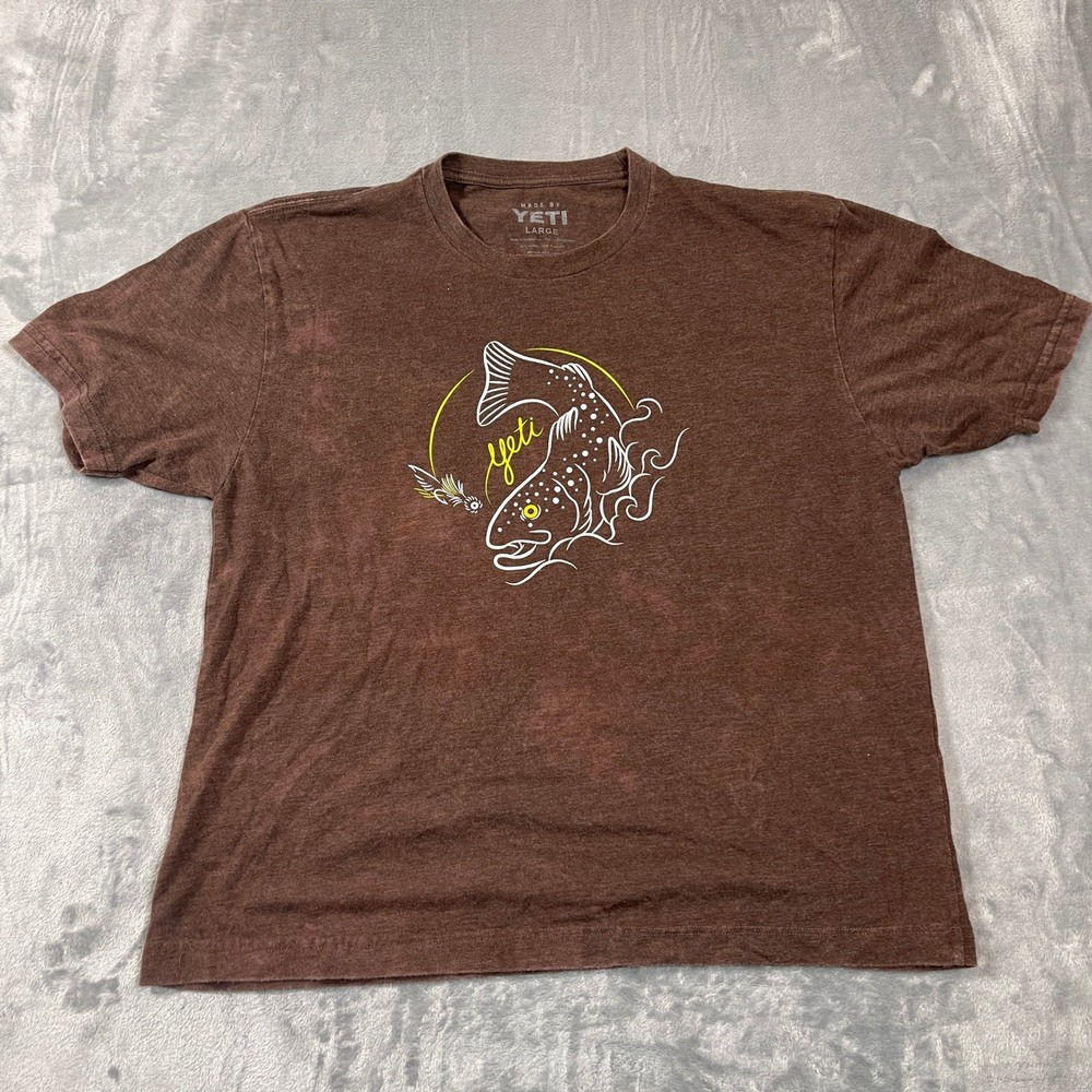 YETI Mens T-Shirt Large Trout Fly Fishing Graphic Brown Sun Faded Heathered